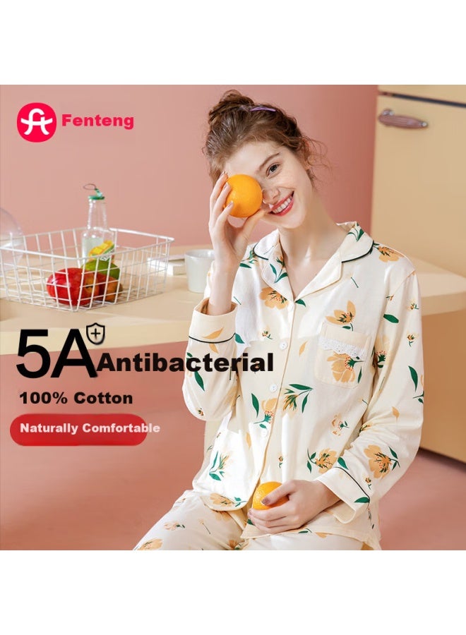 Fenton Fenteng Spring And Autumn Lapel Cardigan, Pure Cotton Long-sleeve Pajamas, Women's Loungewear, Ladies' Sleepwear, Soft Cotto - Image 1