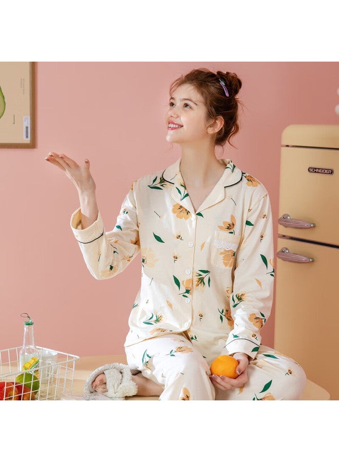 Fenton Fenteng Spring And Autumn Lapel Cardigan, Pure Cotton Long-sleeve Pajamas, Women's Loungewear, Ladies' Sleepwear, Soft Cotto - Image 2