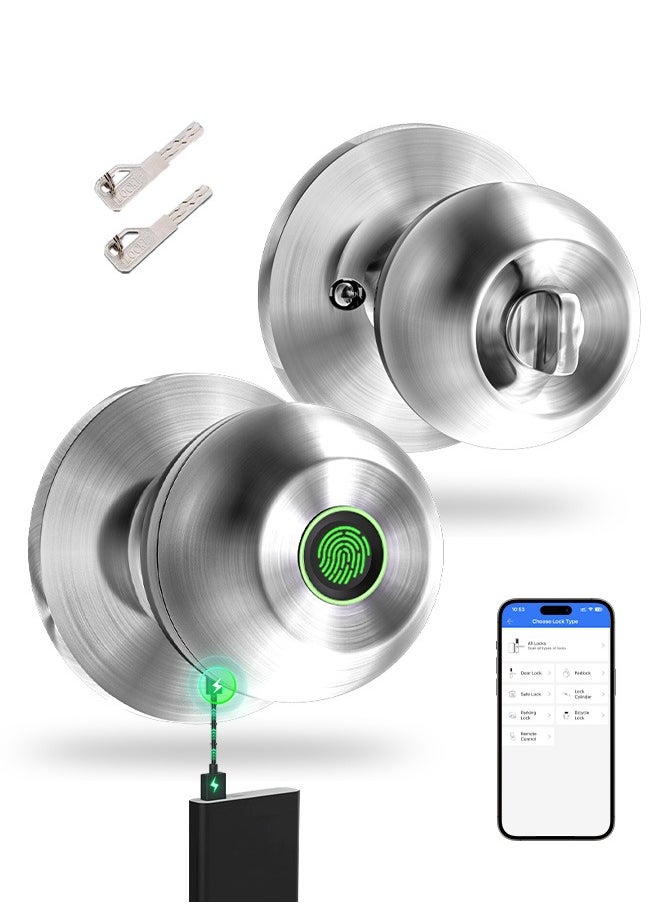 ALINK - Smart Door Knob, Fingerprint Door Lock with  Keys, Keyless Entry Door Lock, 3 Ways Unlock Biometric Door Knob, Emergency Charging Door Lock for Interior Door,TT lock bluetooth control (Sliver) - Image 1