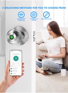 ALINK Smart Door Knob, Fingerprint Door Lock with  Keys, Keyless Entry Door Lock, 3 Ways Unlock Biometric Door Knob, Emergency Charging Door Lock for Interior Door,TT lock bluetooth control (Sliver)  - Image 2