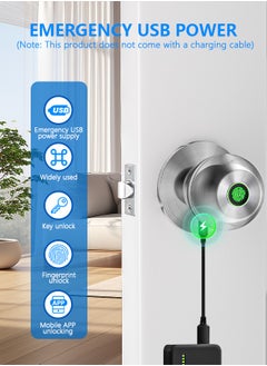 ALINK Smart Door Knob, Fingerprint Door Lock with  Keys, Keyless Entry Door Lock, 3 Ways Unlock Biometric Door Knob, Emergency Charging Door Lock for Interior Door,TT lock bluetooth control (Sliver)  - Image 5