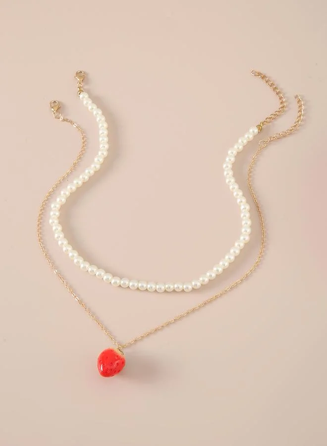Take Two  Set of 2 - Layered Pearl and Strawberry Charm Necklace for Women | Best Price UAE