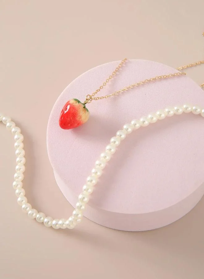 Take Two  Set of 2 - Layered Pearl and Strawberry Charm Necklace for Women | Best Price UAE
