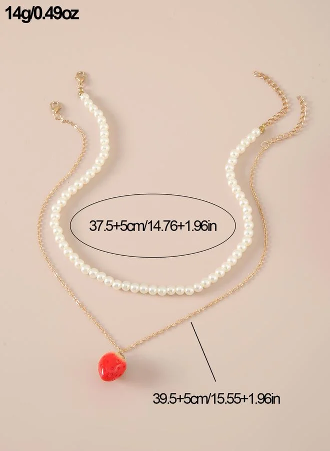 Take Two  Set of 2 - Layered Pearl and Strawberry Charm Necklace for Women | Best Price UAE