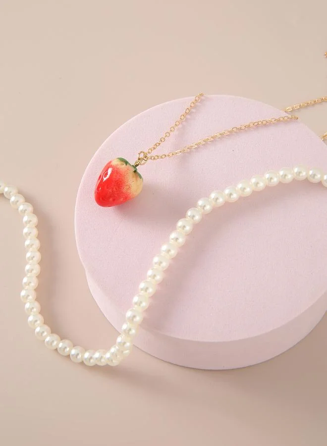 Set of 2 - Layered Pearl and Strawberry Charm Necklace