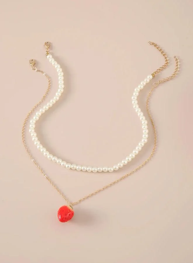 Take Two  Set of 2 - Layered Pearl and Strawberry Charm Necklace for Women | Best Price UAE