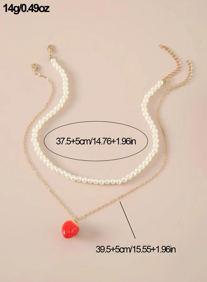 Take Two  Set of 2 - Layered Pearl and Strawberry Charm Necklace for Women | Best Price UAE
