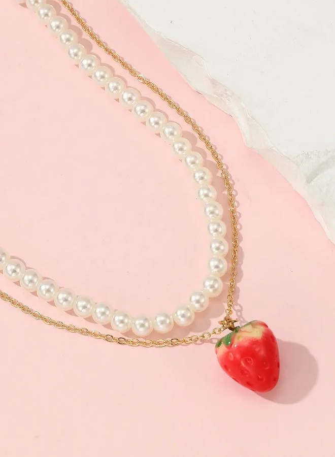 Take Two  Set of 2 - Layered Pearl and Strawberry Charm Necklace for Women | Best Price UAE