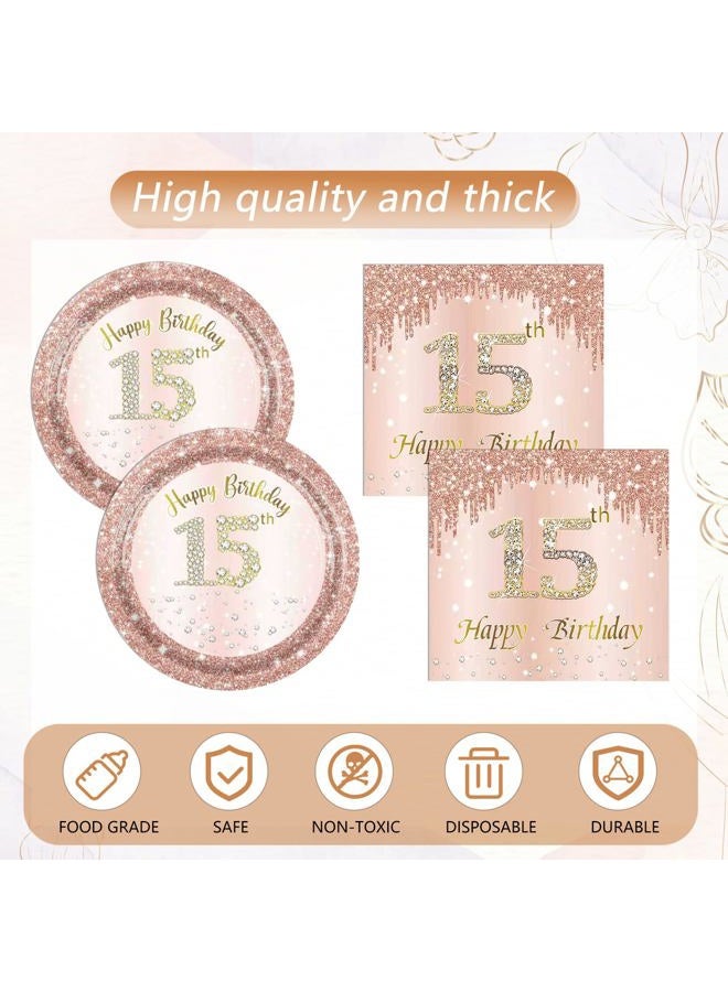 SNIMICS 15th Birthday Decorations for Girls,Rose Gold 15 Year Old Birthday Party Supplies Include 15th Birthday Party Plates and Napkins,Tablecloth Kit,15 Birthday Tableware Set for Girls Teen Party Decor - Image 4