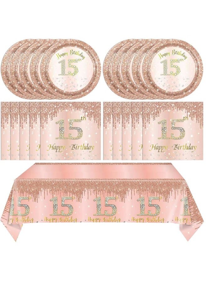 SNIMICS 15th Birthday Decorations for Girls,Rose Gold 15 Year Old Birthday Party Supplies Include 15th Birthday Party Plates and Napkins,Tablecloth Kit,15 Birthday Tableware Set for Girls Teen Party Decor - Image 1