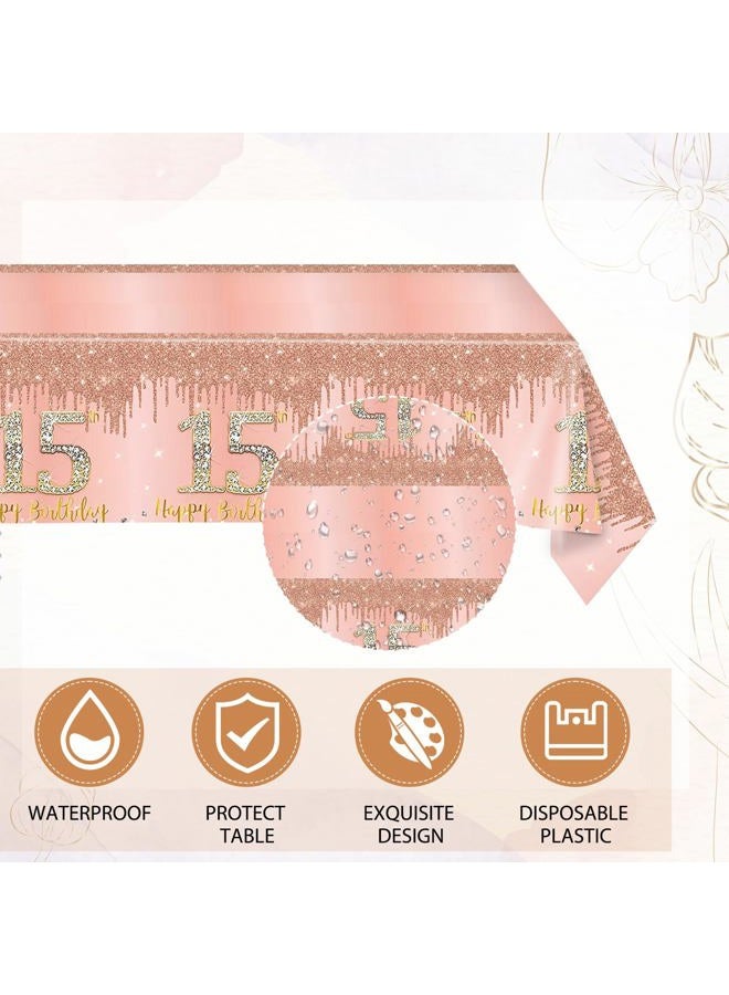 SNIMICS 15th Birthday Decorations for Girls,Rose Gold 15 Year Old Birthday Party Supplies Include 15th Birthday Party Plates and Napkins,Tablecloth Kit,15 Birthday Tableware Set for Girls Teen Party Decor - Image 5