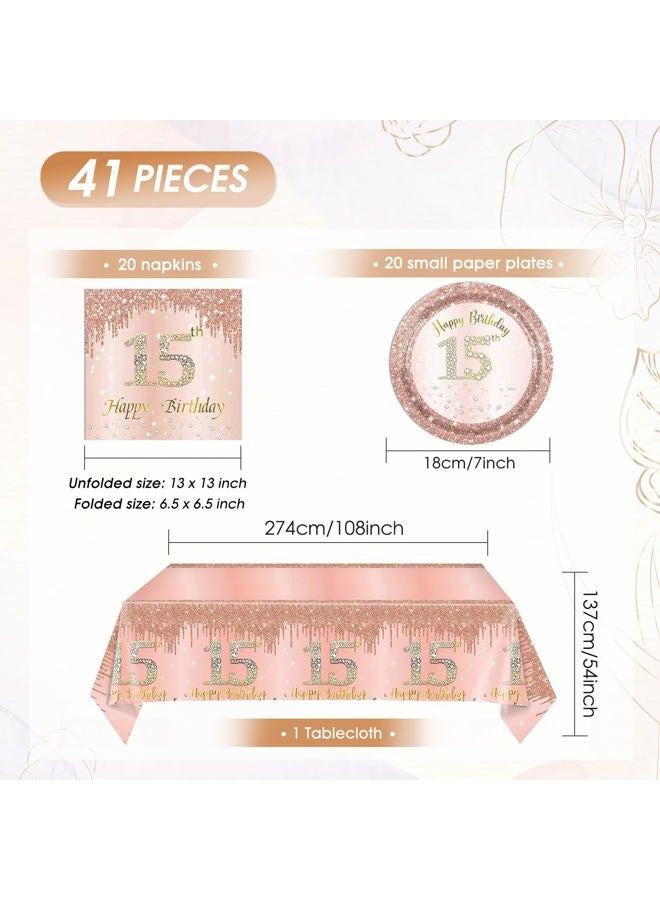 SNIMICS 15th Birthday Decorations for Girls,Rose Gold 15 Year Old Birthday Party Supplies Include 15th Birthday Party Plates and Napkins,Tablecloth Kit,15 Birthday Tableware Set for Girls Teen Party Decor - Image 2