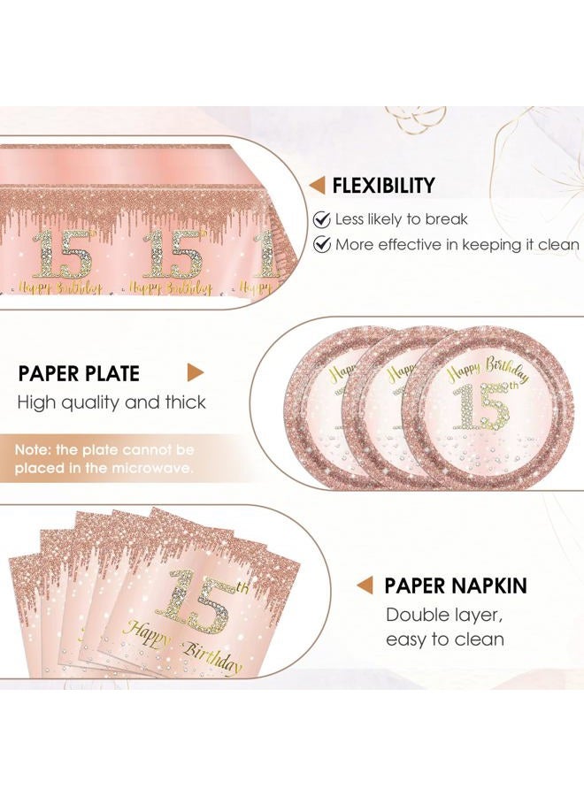 SNIMICS 15th Birthday Decorations for Girls,Rose Gold 15 Year Old Birthday Party Supplies Include 15th Birthday Party Plates and Napkins,Tablecloth Kit,15 Birthday Tableware Set for Girls Teen Party Decor - Image 3
