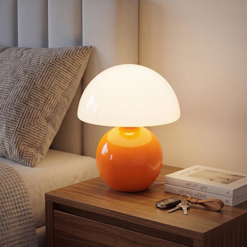 Dawnwake Mushroom Lamp Small Lamp, Table Bedside Nightstand Lamp for Bedroom, Cute Mini Modern Lamp Dimmable, Unique Aesthetic Home Decor for Living Room Girl Gifts, Ceramic Base Glass Lamp(Orange) - Image 1