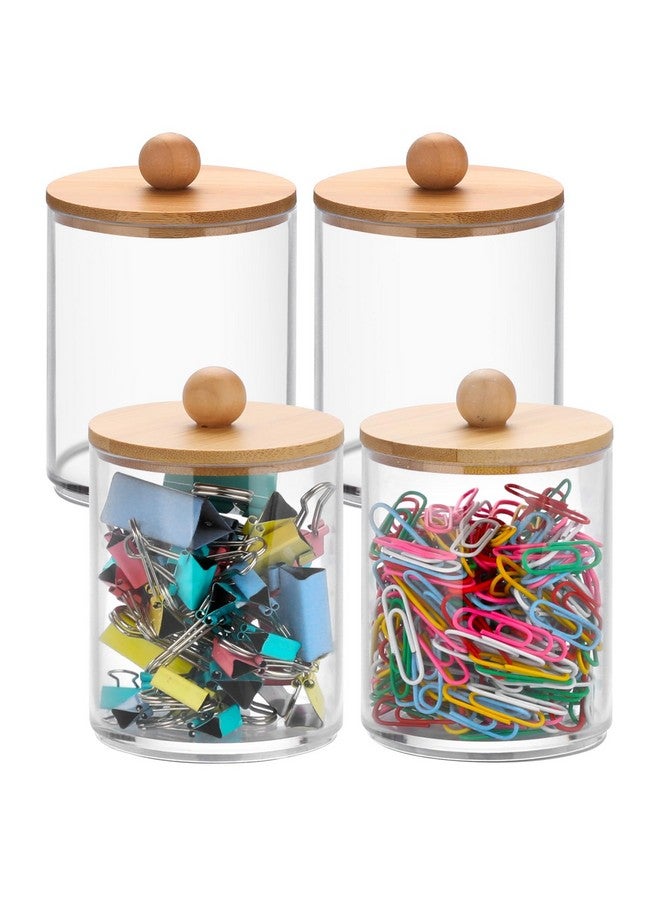 BTSKY 4 Pack Paperclip Holders With Bamboo Lid, Round Binder Holder For Desk, Clear Paper Clip Dispenser Small Office Supply Accessory Organizer Qtip Holder For Office Bathroom Vanity, Clear - Image 1