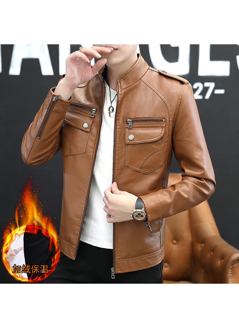 Generic - Mens Casual Multi-Pocket Leather Jacket for Autumn Winter brown - Image 1