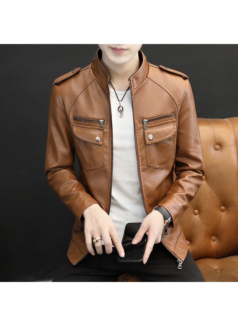 Generic - Mens Casual Multi-Pocket Leather Jacket for Autumn Winter brown - Image 1