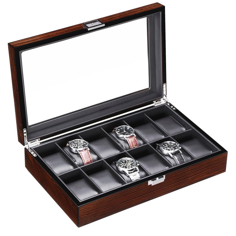 BEWISHOME Watch Box Organizer 12 Watch Case for Men Luxury Watch Display Case with Large Glass Window Ultra Smooth Faux Leather Interior Brown SSH12Y