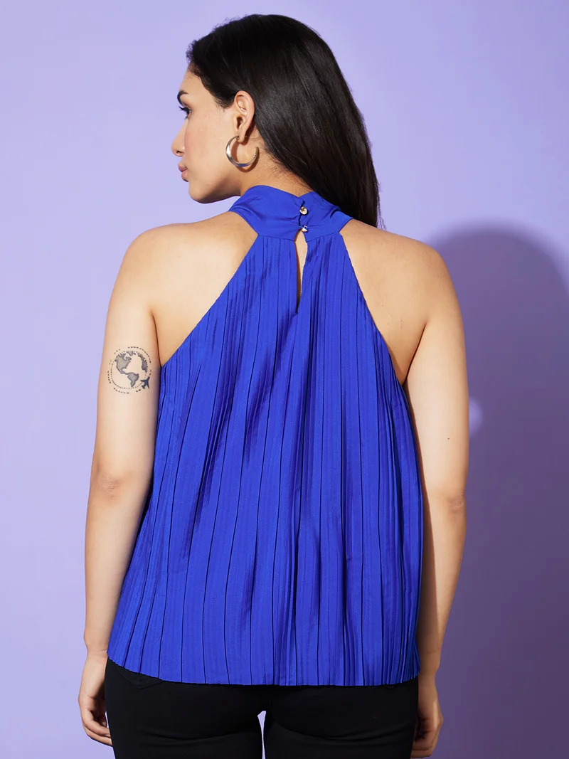 globus Women Blue Accordion Pleats Crepe Top