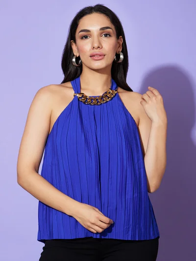 globus Women Blue Accordion Pleats Crepe Top