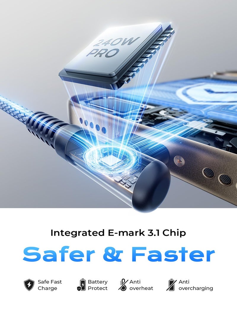 AINOPE 240W USB C to USB C Cable Fast Charging 15FT,Right Angle Fast Type C Charging Cable Fits iPhone 16 Pro Max Plus,iPhone 15,MacBook Air/Pro,iPad Pro,Samsung,Pixel,All Devices, Grey, 1 Pack - Image 5