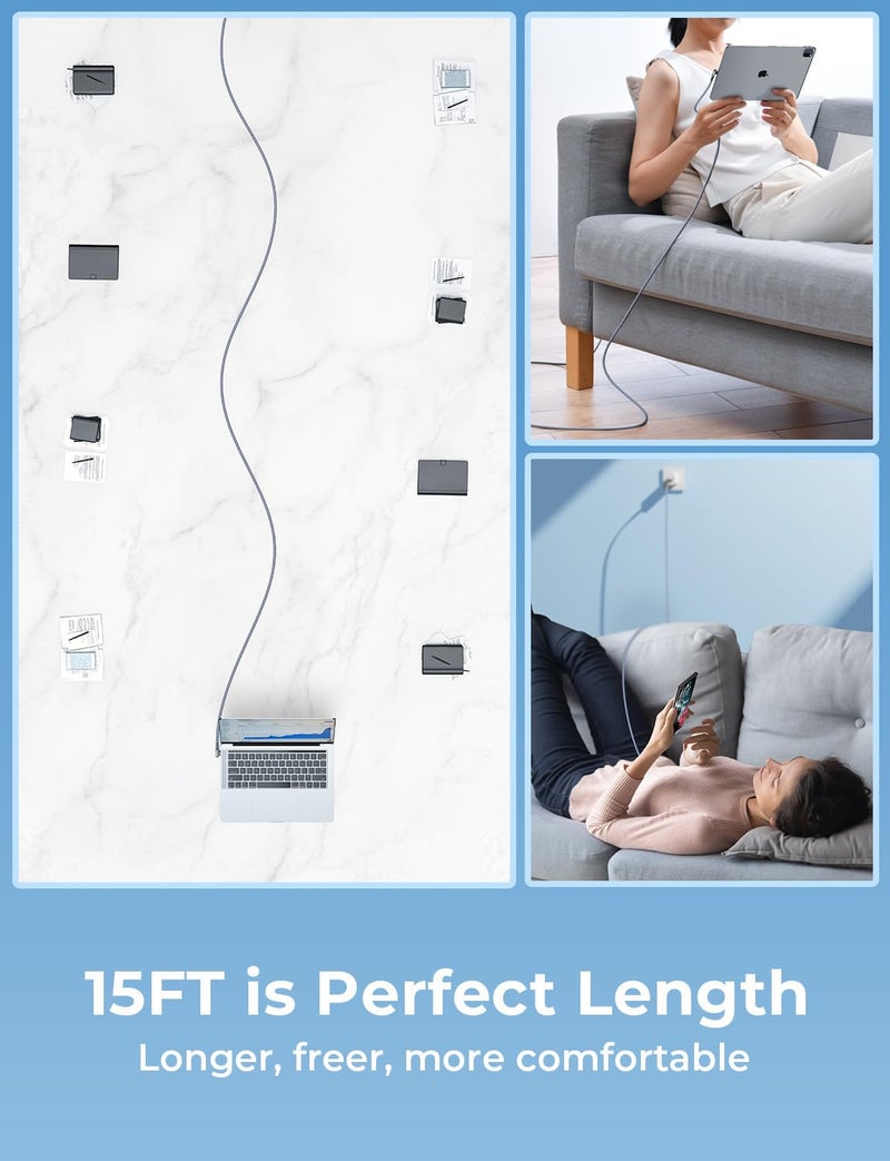 AINOPE 240W USB C to USB C Cable Fast Charging 15FT,Right Angle Fast Type C Charging Cable Fits iPhone 16 Pro Max Plus,iPhone 15,MacBook Air/Pro,iPad Pro,Samsung,Pixel,All Devices, Grey, 1 Pack - Image 2