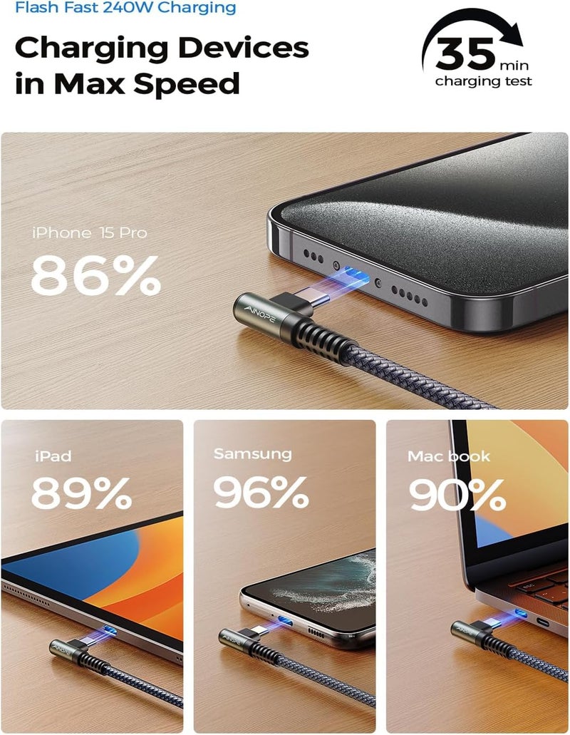 AINOPE 240W USB C to USB C Cable Fast Charging 15FT,Right Angle Fast Type C Charging Cable Fits iPhone 16 Pro Max Plus,iPhone 15,MacBook Air/Pro,iPad Pro,Samsung,Pixel,All Devices, Grey, 1 Pack - Image 4