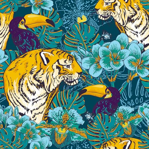 VaryStyle Tropical Wallpaper Wild Animal Tiger Palm Floral Peel and Stick Wallpaper Dark GreenYellow Jungle Wall Paper 177x118 Self Adhesive Removable Contact Paper for Cabinets Drawers Bedroom - Image 1