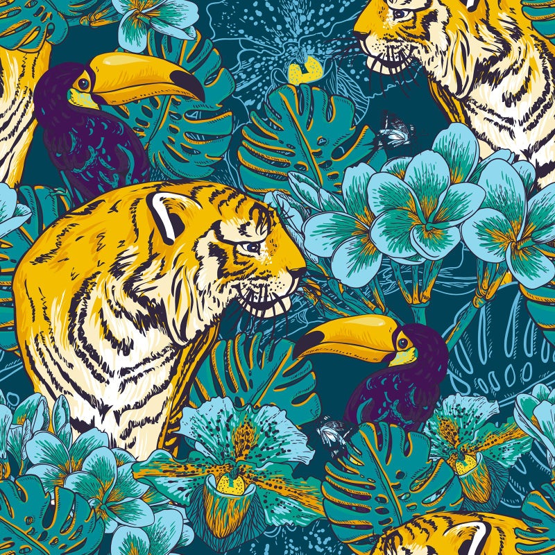 VaryStyle Tropical Wallpaper Wild Animal Tiger Palm Floral Peel and Stick Wallpaper Dark GreenYellow Jungle Wall Paper 177x118 Self Adhesive Removable Contact Paper for Cabinets Drawers Bedroom - Image 2