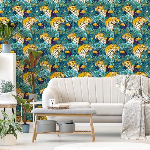 VaryStyle Tropical Wallpaper Wild Animal Tiger Palm Floral Peel and Stick Wallpaper Dark GreenYellow Jungle Wall Paper 177x118 Self Adhesive Removable Contact Paper for Cabinets Drawers Bedroom - Image 3