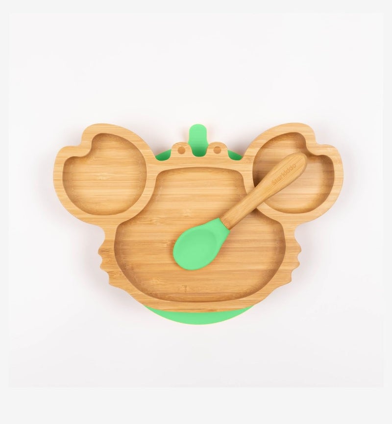 StarKiddo ®️ ‘Cute Crab’ Baby Plate for Kids and Baby-Led Weaning | 3 Sections | Non-Toxic | Super Strong Suction Cup - Natural Bamboo BPA Free Baby Plate for Stay Put Feeding (Green) - Image 1