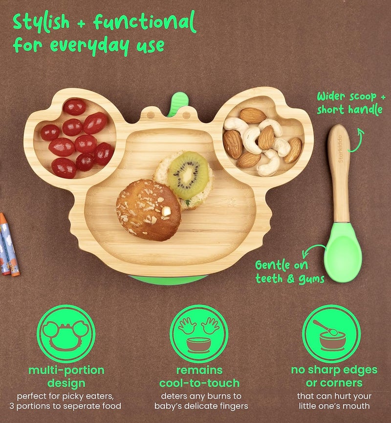 StarKiddo ®️ ‘Cute Crab’ Baby Plate for Kids and Baby-Led Weaning | 3 Sections | Non-Toxic | Super Strong Suction Cup - Natural Bamboo BPA Free Baby Plate for Stay Put Feeding (Green) - Image 4