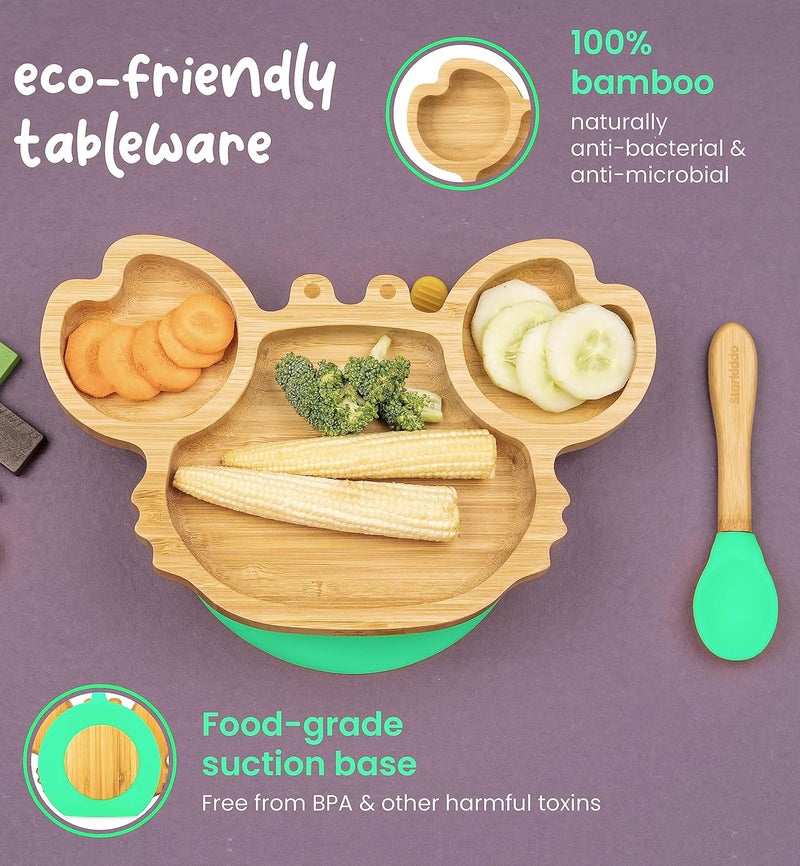 StarKiddo ®️ ‘Cute Crab’ Baby Plate for Kids and Baby-Led Weaning | 3 Sections | Non-Toxic | Super Strong Suction Cup - Natural Bamboo BPA Free Baby Plate for Stay Put Feeding (Green) - Image 3