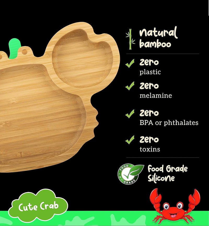 StarKiddo ®️ ‘Cute Crab’ Baby Plate for Kids and Baby-Led Weaning | 3 Sections | Non-Toxic | Super Strong Suction Cup - Natural Bamboo BPA Free Baby Plate for Stay Put Feeding (Green) - Image 5