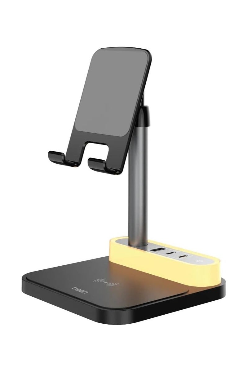 BSON لوحة الطاقة اللاسلكية - مركز شحن سريع Qi بقوة 15 واط مع 4 منافذ للأجهزة وفانوس LED قابل للتعديل، محطة مدمجة شاملة للمكتب، بجانب السرير، المنزل، والمكتب مع شحن منظم للأجهزة - Image 1