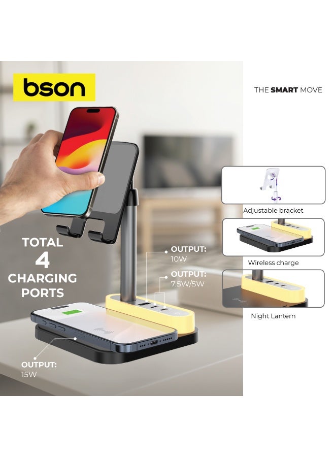 BSON لوحة الطاقة اللاسلكية - مركز شحن سريع Qi بقوة 15 واط مع 4 منافذ للأجهزة وفانوس LED قابل للتعديل، محطة مدمجة شاملة للمكتب، بجانب السرير، المنزل، والمكتب مع شحن منظم للأجهزة - Image 5