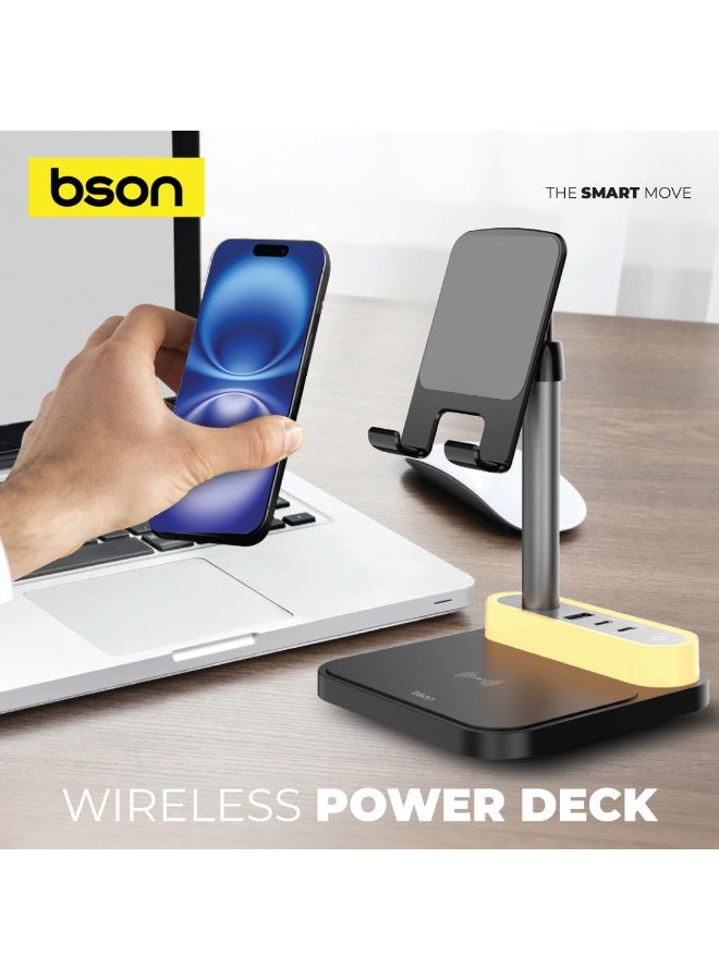 BSON لوحة الطاقة اللاسلكية - مركز شحن سريع Qi بقوة 15 واط مع 4 منافذ للأجهزة وفانوس LED قابل للتعديل، محطة مدمجة شاملة للمكتب، بجانب السرير، المنزل، والمكتب مع شحن منظم للأجهزة - Image 2