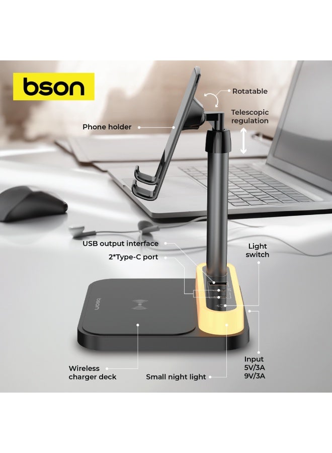 BSON لوحة الطاقة اللاسلكية - مركز شحن سريع Qi بقوة 15 واط مع 4 منافذ للأجهزة وفانوس LED قابل للتعديل، محطة مدمجة شاملة للمكتب، بجانب السرير، المنزل، والمكتب مع شحن منظم للأجهزة - Image 3