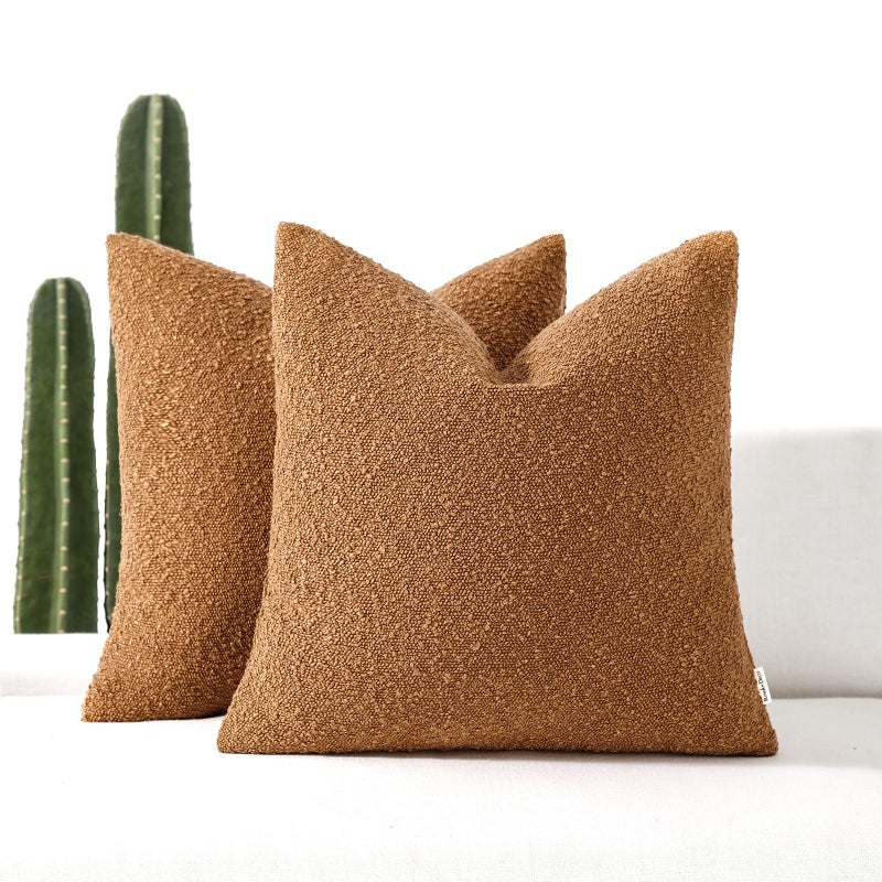 ROMANDECO Boucle Decorative Throw Pillow Covers for Couch Set of 2  24x24 inches  Tobacco - Image 1