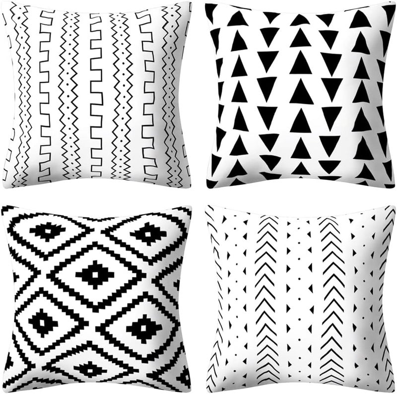 Drmstow Set of 4 Pillow Covers Black and White Boho Throw Pillow Covers Modern Geometric Pattern Decorative Cushion Pillowcases for Home Decor Couch Bedroom Sofa Chair Car 18x18 Inches - Image 1