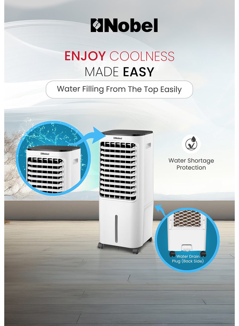 Nobel Air Cooler, 12L Water Tank, 3-Speed, Ionizer, Remote Control, Auto Swing, 7.5H Timer, Honeycomb Cooling Pads, Tubular Flow Fan With Water Shortage Protection 12 L 65 W Nobel Air Cooler NAC40R White - Image 3