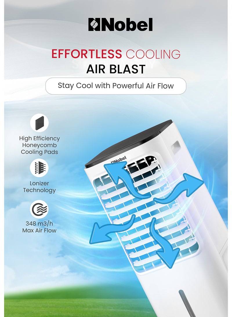 Nobel Air Cooler, 12L Water Tank, 3-Speed, Ionizer, Remote Control, Auto Swing, 7.5H Timer, Honeycomb Cooling Pads, Tubular Flow Fan With Water Shortage Protection 12 L 65 W Nobel Air Cooler NAC40R White - Image 4