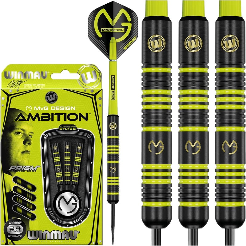 WINMAU Michael Van Gerwen MvG Ambition Professional Brass Steel Tip Darts Set with Flights and Shafts - Image 1