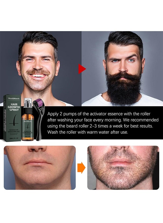West&Month Hair Growth Spray - Beard Growth Spray Set for Men Nourishing Moisturizing Moustache Growth Enhancer Anti Hair Loss Care Serum with Beard Roller  - Image 5