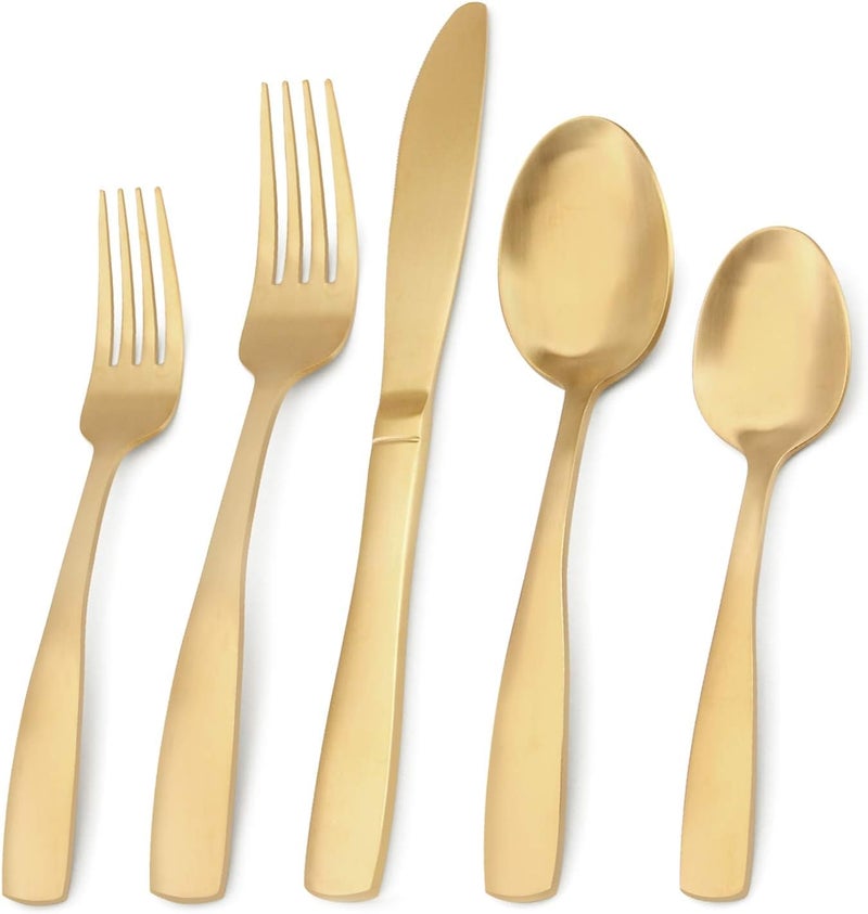 Bysta Matte Gold Silverware Set, 20-Piece Stainless Steel Flatware Set, Kitchen Utensil Set Service for 4, Tableware Cutlery Set for Home and Restaurant, Satin Finish, Dishwasher Safe - Image 1