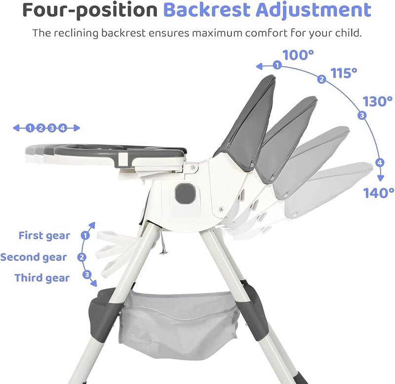 Bentifar High Chairs for Babies and Toddlers, 4 in 1 Convertible Baby High Chair, Portable High Chair for Travel with Adjustable Height and Back, Foldable HighChair with Wheels& Pu Cushion (Gray) - Image 4