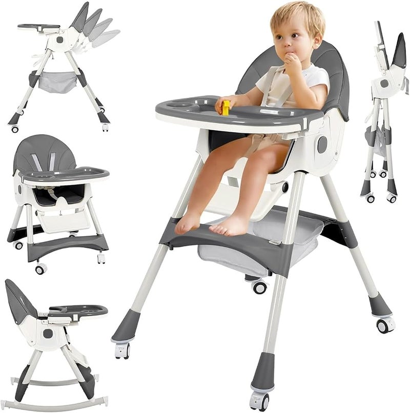 Bentifar High Chairs for Babies and Toddlers, 4 in 1 Convertible Baby High Chair, Portable High Chair for Travel with Adjustable Height and Back, Foldable HighChair with Wheels& Pu Cushion (Gray) - Image 1