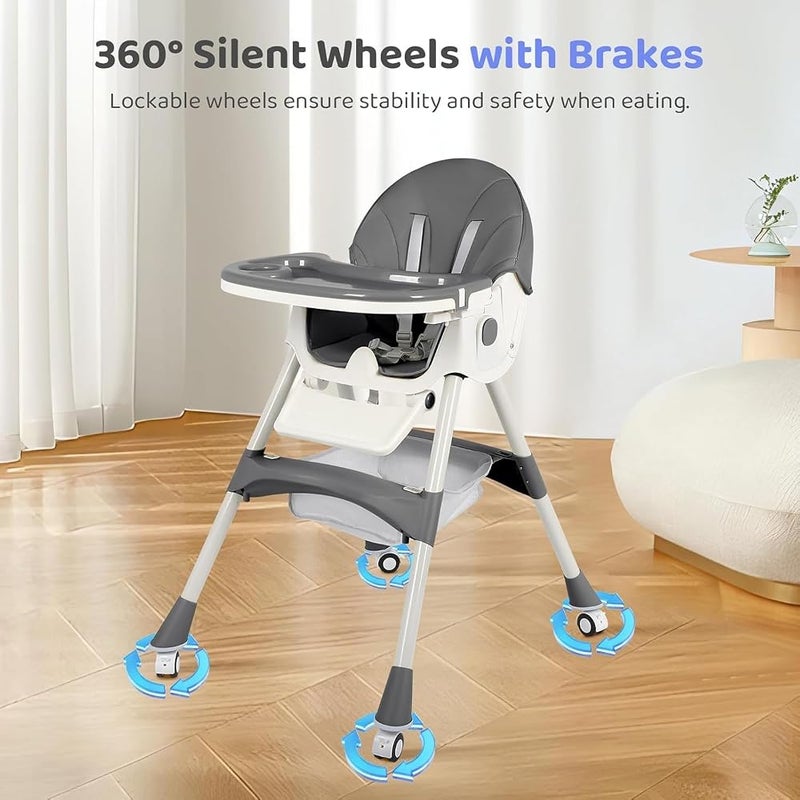 Bentifar High Chairs for Babies and Toddlers, 4 in 1 Convertible Baby High Chair, Portable High Chair for Travel with Adjustable Height and Back, Foldable HighChair with Wheels& Pu Cushion (Gray) - Image 5