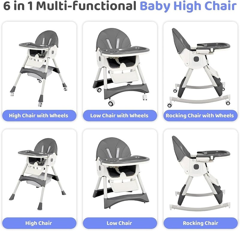Bentifar High Chairs for Babies and Toddlers, 4 in 1 Convertible Baby High Chair, Portable High Chair for Travel with Adjustable Height and Back, Foldable HighChair with Wheels& Pu Cushion (Gray) - Image 2