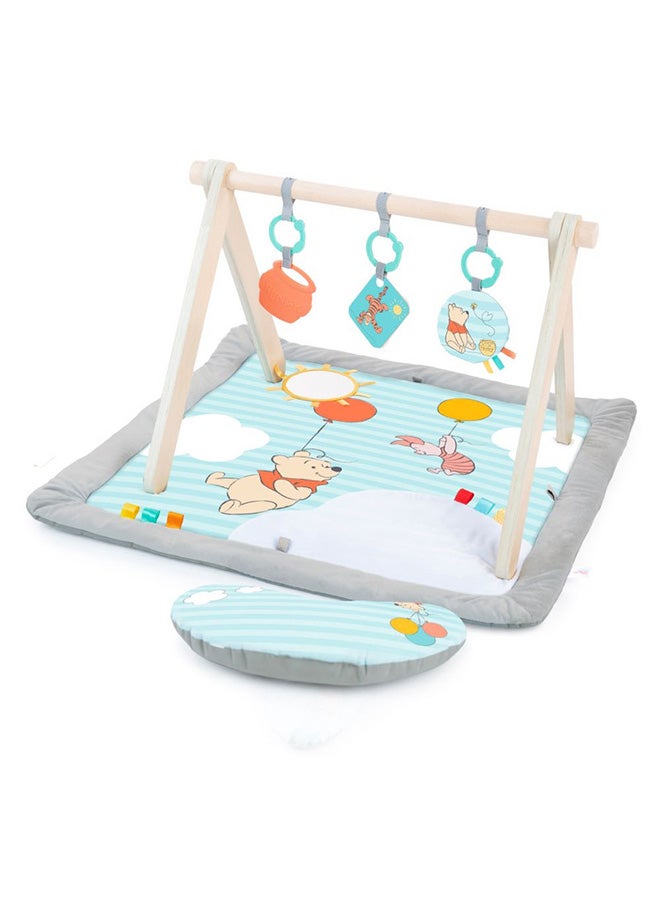Bright Starts - Disney Winnie The Pooh Once Upon a Tummy Time Baby Activity Mat with Wooden Toy Bar, Blue, 0 - 18 months - Image 1